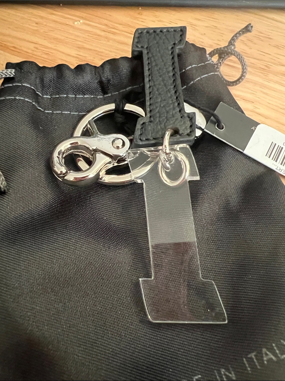 Black Leather 'I' Keyring Charm with Silver Hardware - Picture 2 of 4